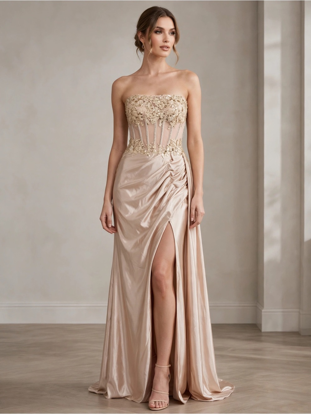 Witness of Love Champagne Sequin Lace Corset Satin Draped Gown NWT Prom Mermaid